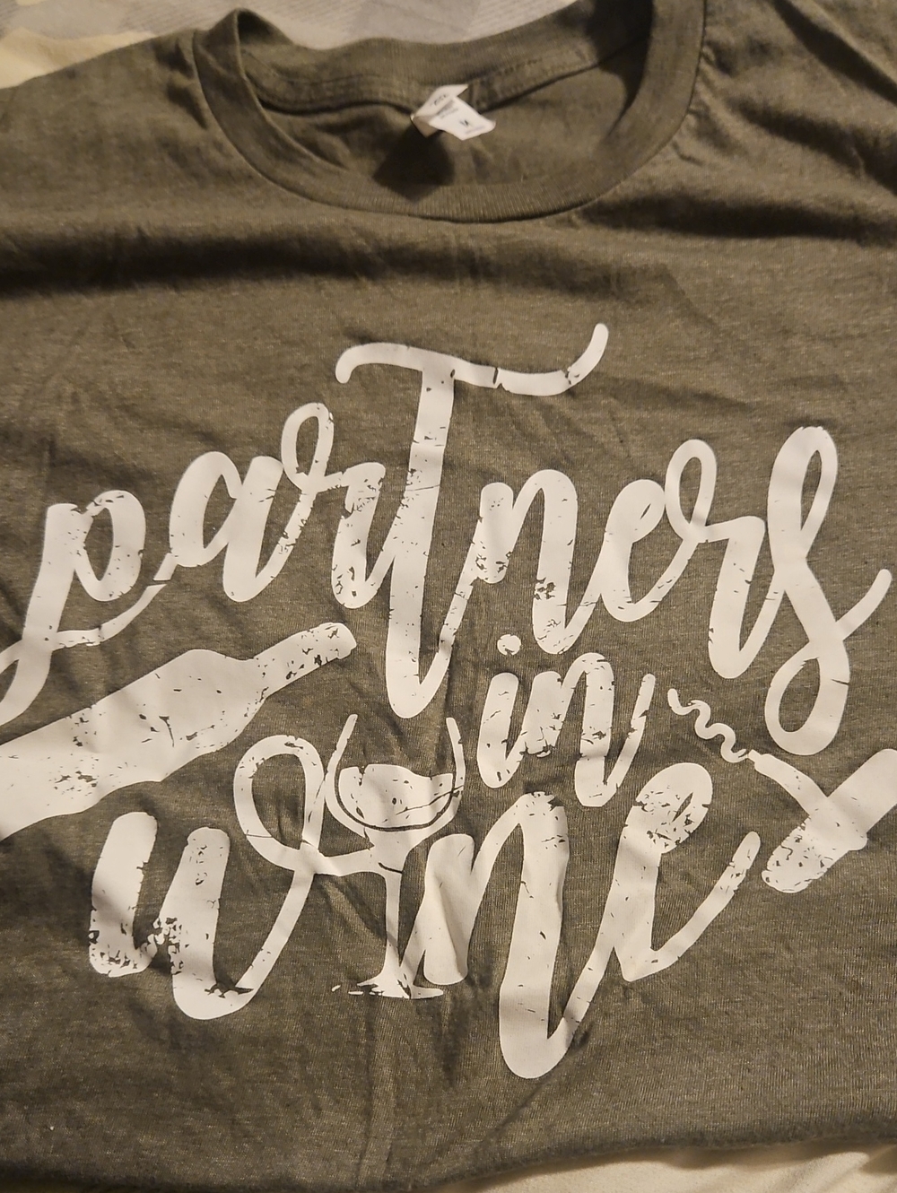 Bella Canvas Olive Green Short Sleeve Tee with White Script 'Partners in Wine'